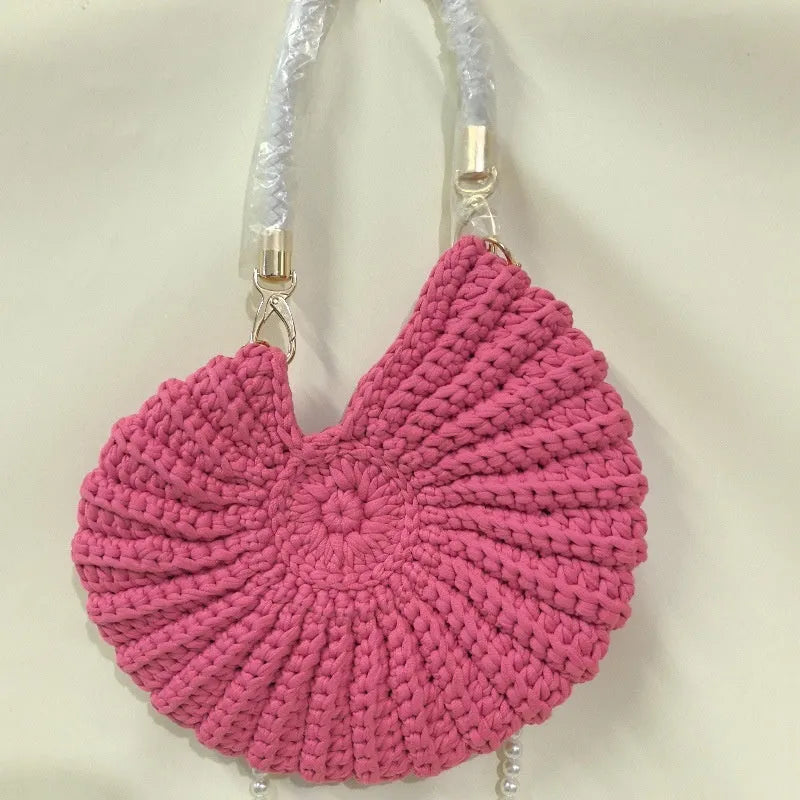 Round handmade woven crossbody bag with pearl chain strap, 25x25cm, polyester, multiple colour options