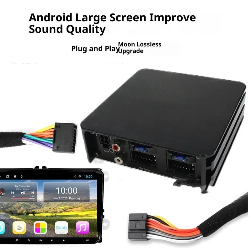 Black car DSP amplifier audio processor, 12 x 12 x 4cm, 12V, eight 75W channels, 105dB signal-to-noise ratio.