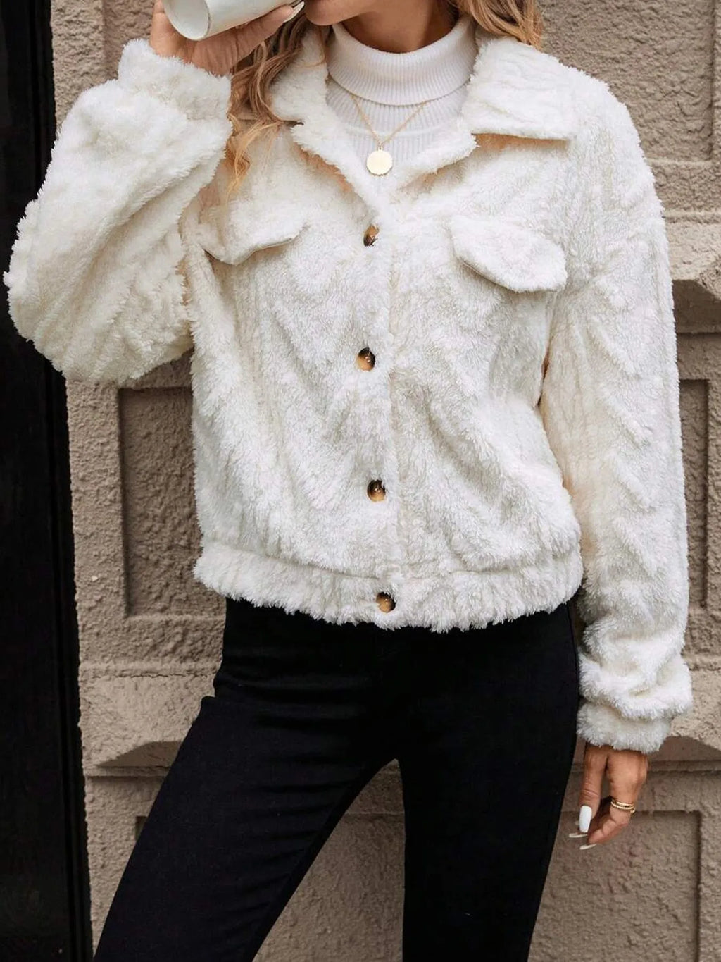Ivory white women's cardigan jacket with button front and long sleeves