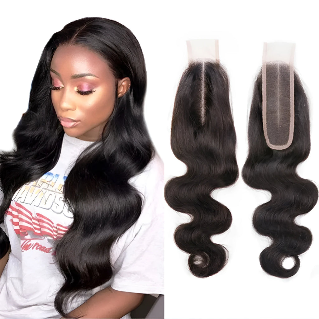 A straight, natural colour human hair wig for women on a stand, showing its length.