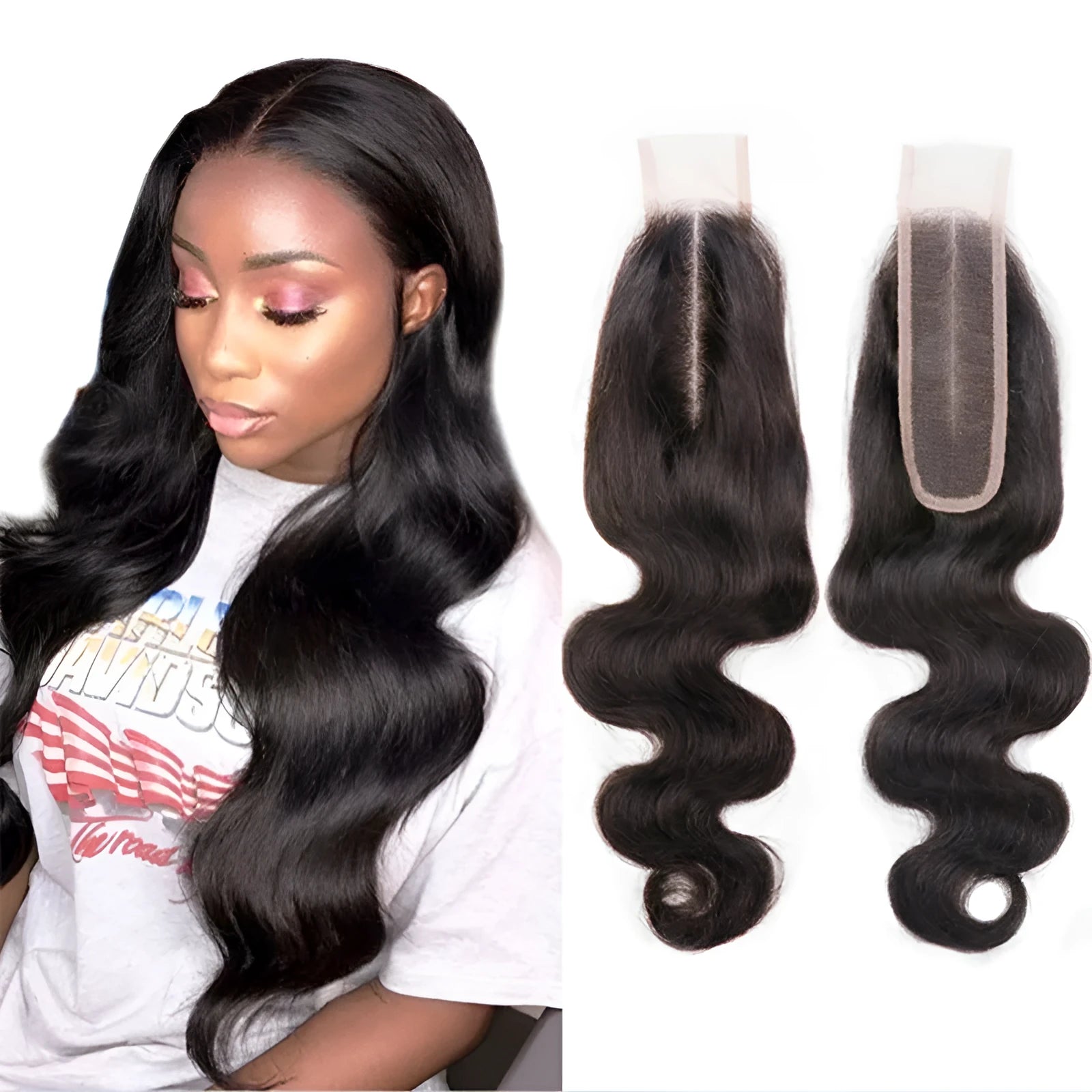A straight, natural colour human hair wig for women on a stand, showing its length.