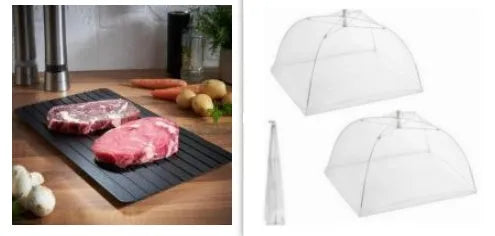 Black aluminium kitchen defrosting tray for thawing frozen meat and food without electricity