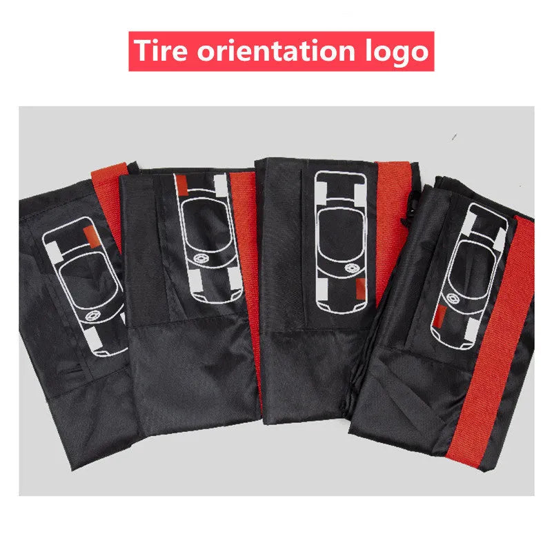 Set of four black Oxford cloth car tyre protective covers laid flat