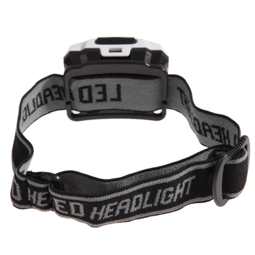 Black LED headlight with headband, showing white and red LEDs, for outdoor activities.