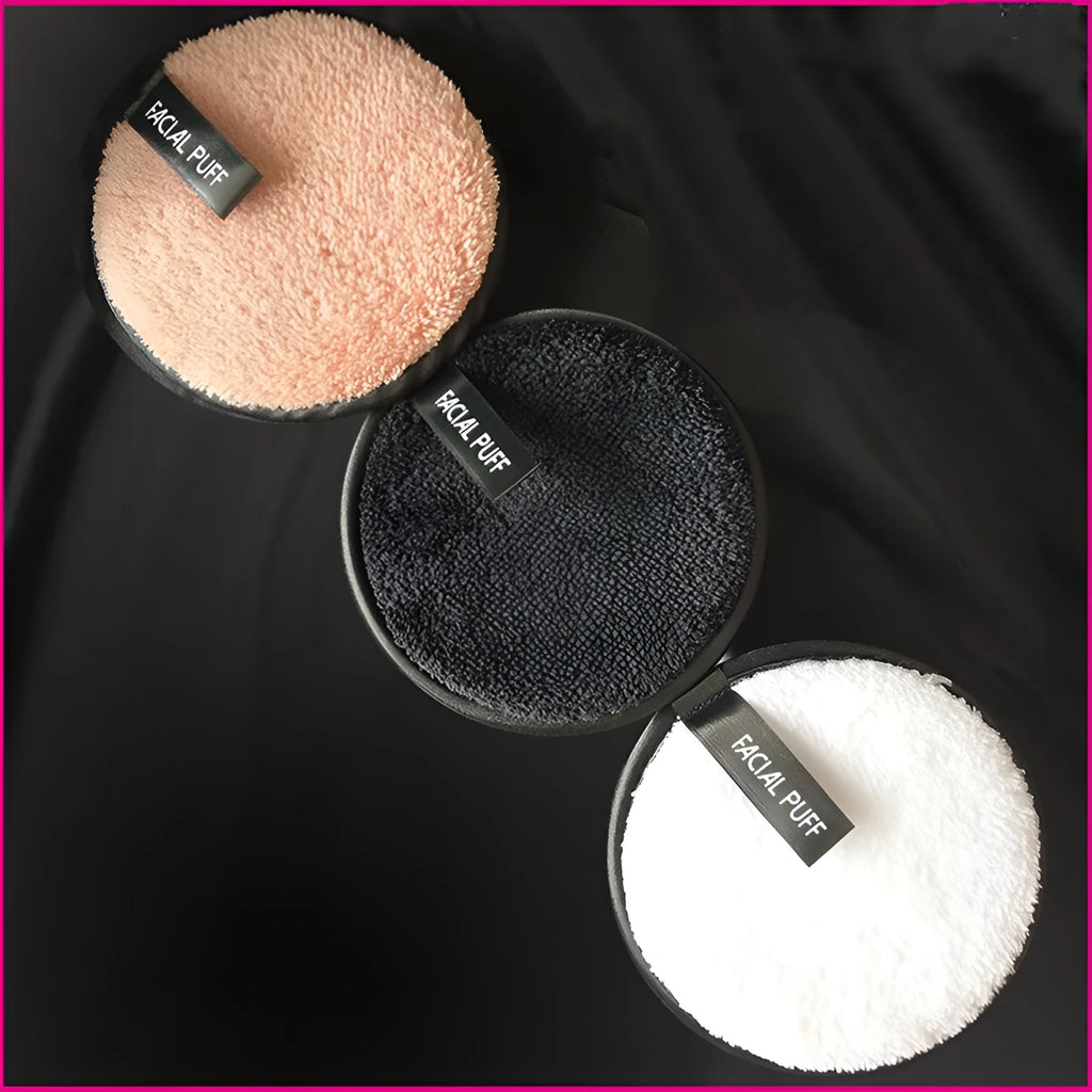 Make-up remover powder puff set with sponge pads and hair belt in white, grey, and bamboo colours