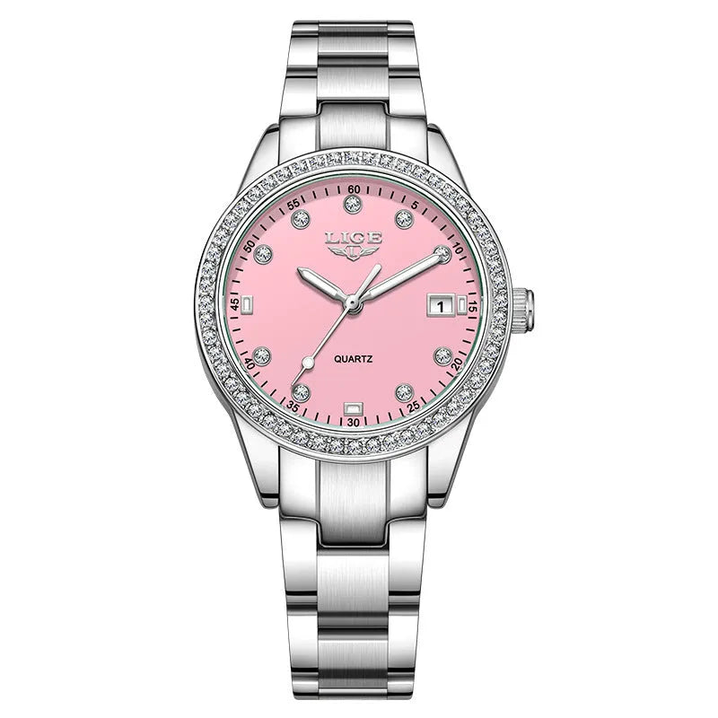 Silver fashion quartz watch with diamond bezel and luminous hands on a 34mm dial.