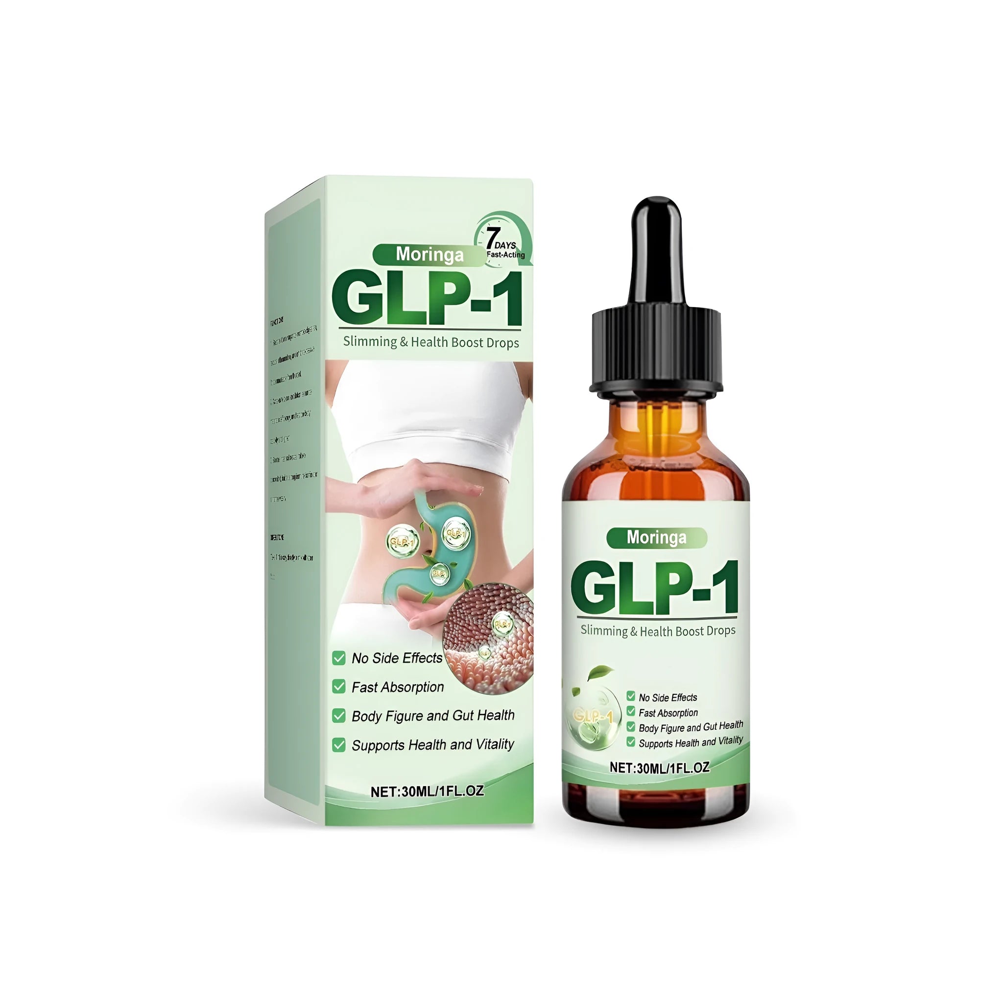 30ml glass dropper bottle of moringa leaf extract slimming health boost drops.