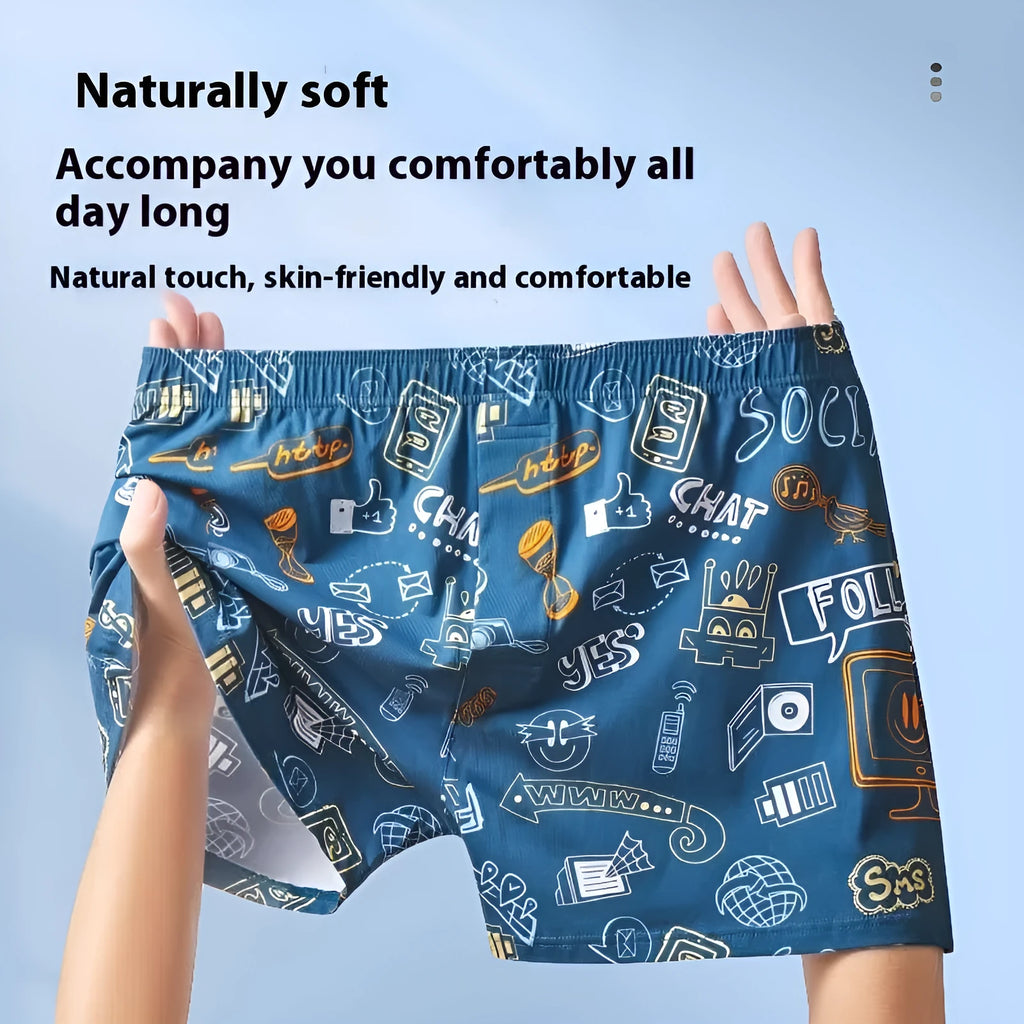 Men's cotton boxer shorts in a selection of patterns including Beast Carnival and Space Travel, showing mid-waist design.