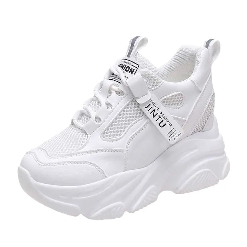 Women's black mesh platform casual shoes with hollow-out design and a velvet lining.