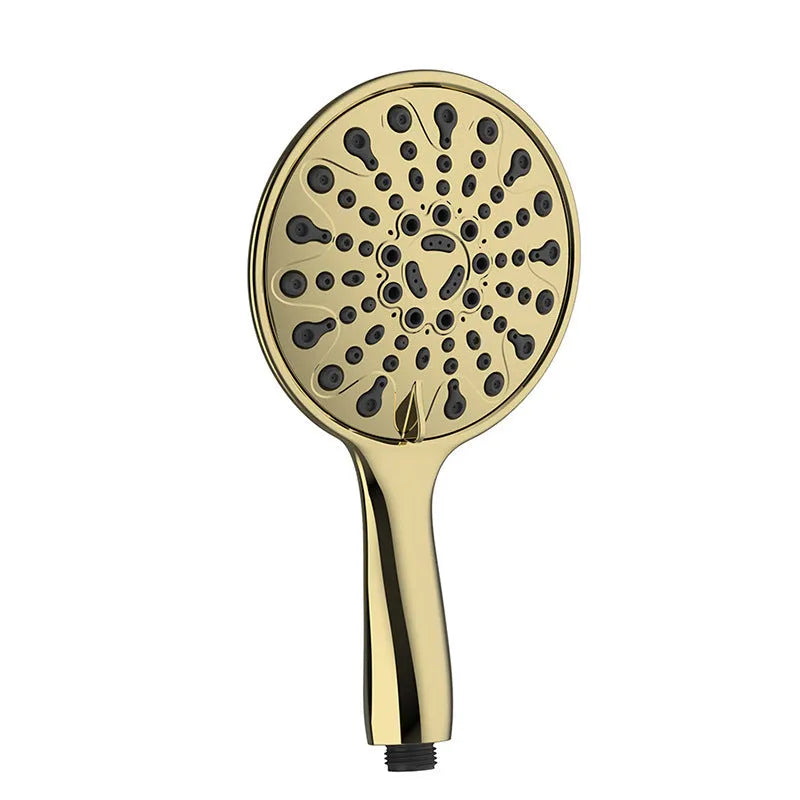 Silver electroplated handheld shower head with massage, bubble, and rain spray settings.