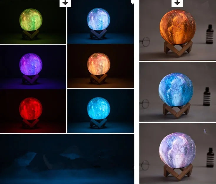 3D-printed spherical lunar night light on a surface, showing its colour-changing LED glow and remote control.