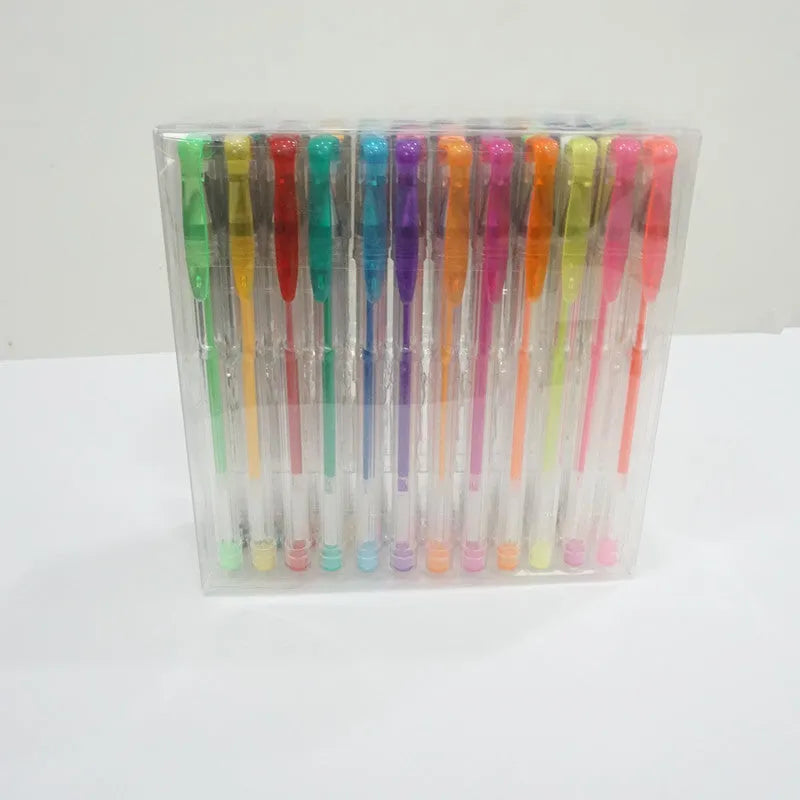 Set of 100 multicoloured gel and highlighter pens with plastic barrels, showing 0.5mm and 1mm tips.