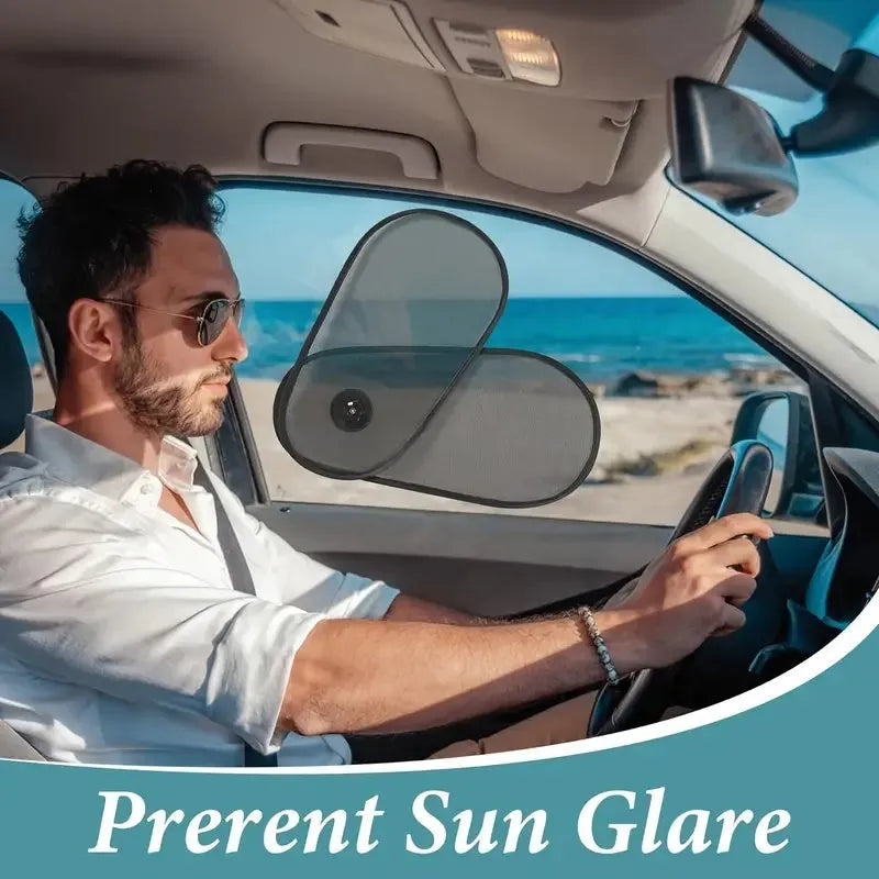 Black adjustable car side window sun shade stretched on glass with visible mesh and suction cups