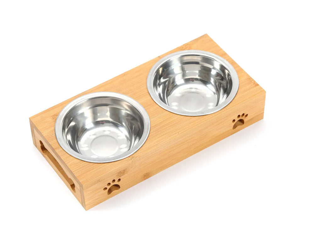Solid wood pet dining table with stainless steel bowls in pine or bamboo finish