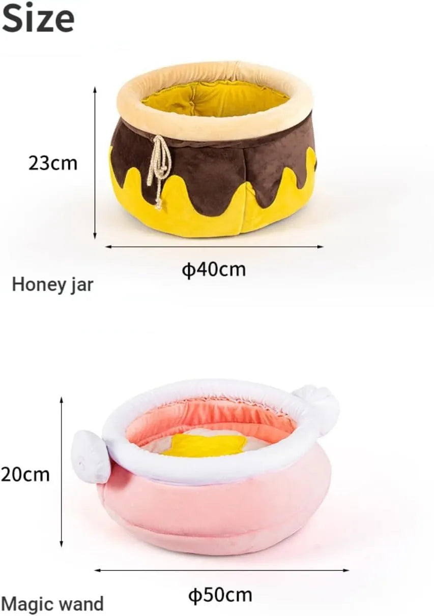 Pink honey pot shaped cat sofa bed with soft fleece and a removable cushion for small pets.
