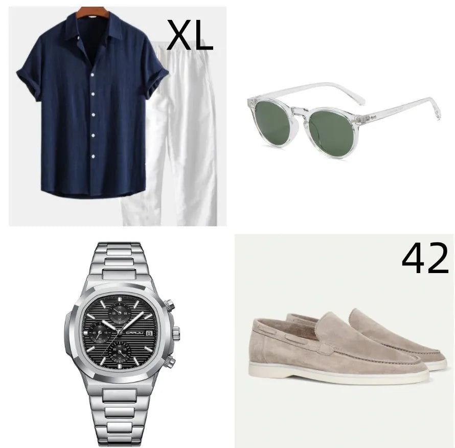 Cotton linen casual summer suit in navy blue with matching accessories including glasses, shoes and watch