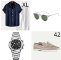 Cotton linen casual summer suit in navy blue with matching accessories including glasses, shoes and watch