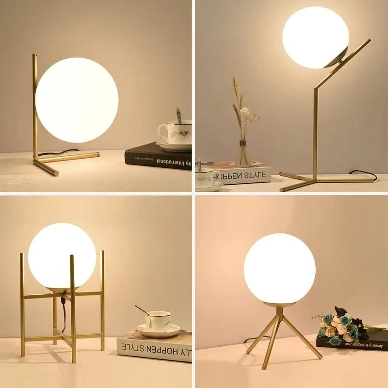 Creative LED lamp with glass shade in three size options showing three-tone lighting capability