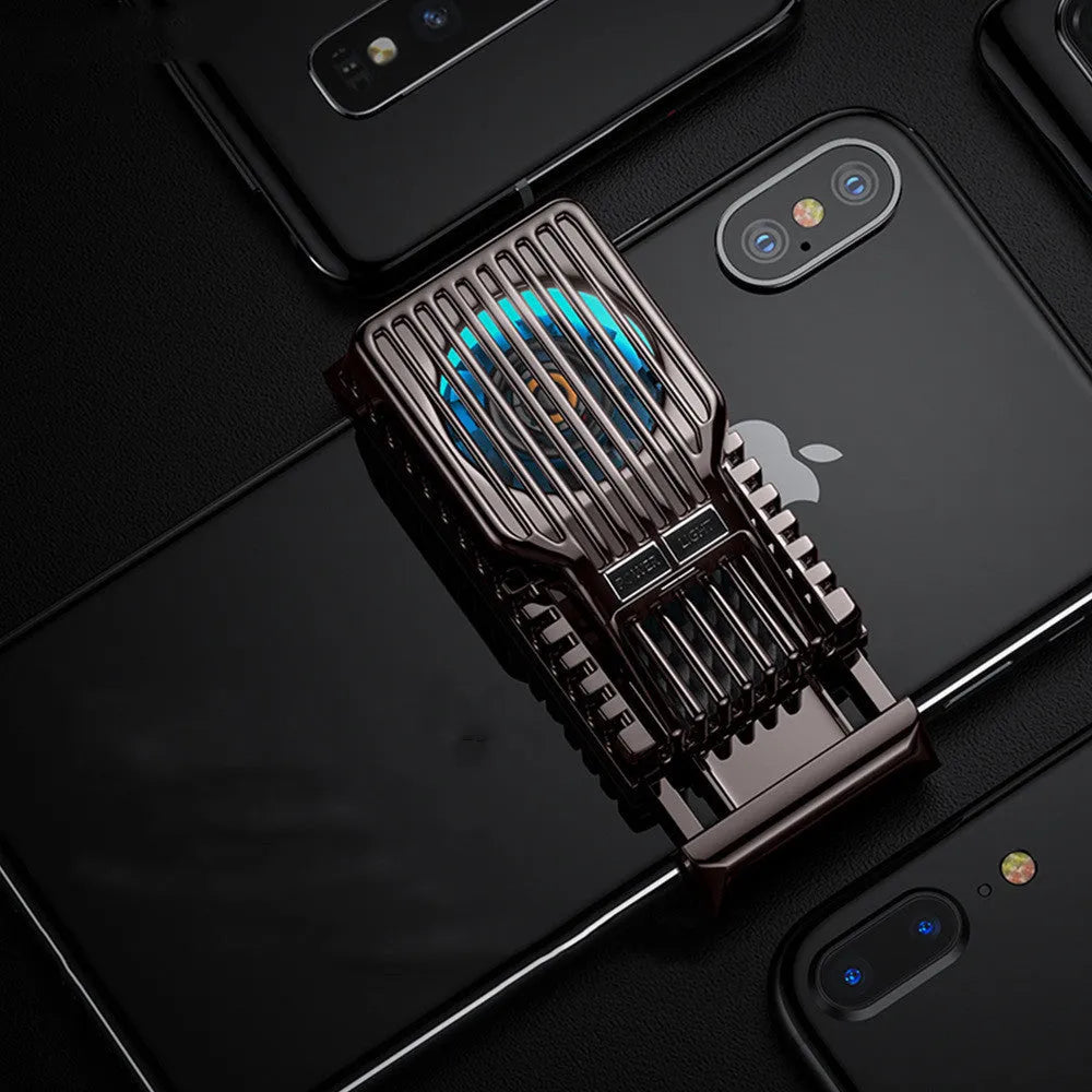 Black mobile phone radiator with clip for 4-7 inch devices showing aluminium cooling fins