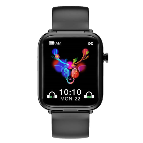 Black all-touch smartwatch with integrated Bluetooth earpieces and a 1.69-inch screen.