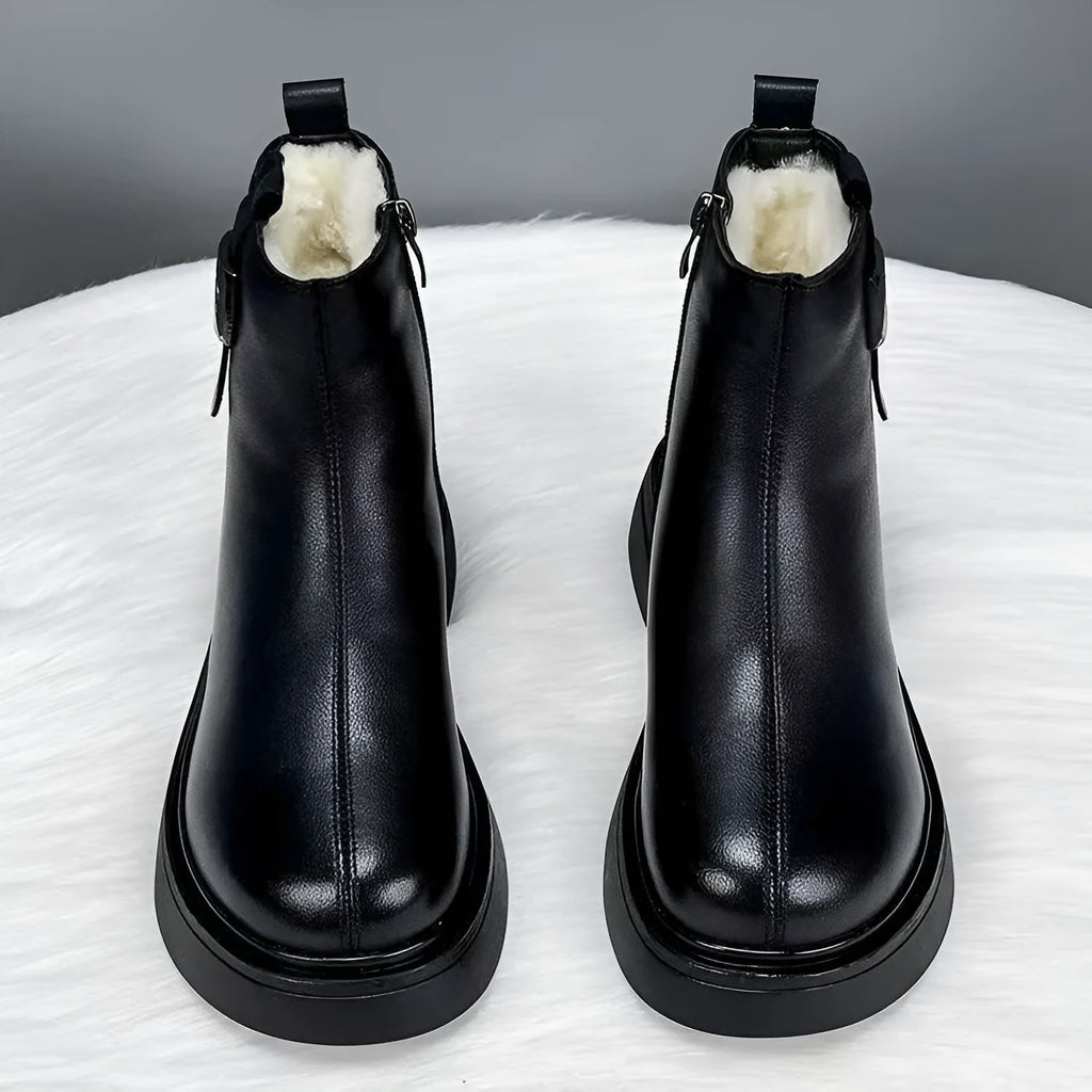 Women's black winter soft leather snow boots with side zipper and round toe