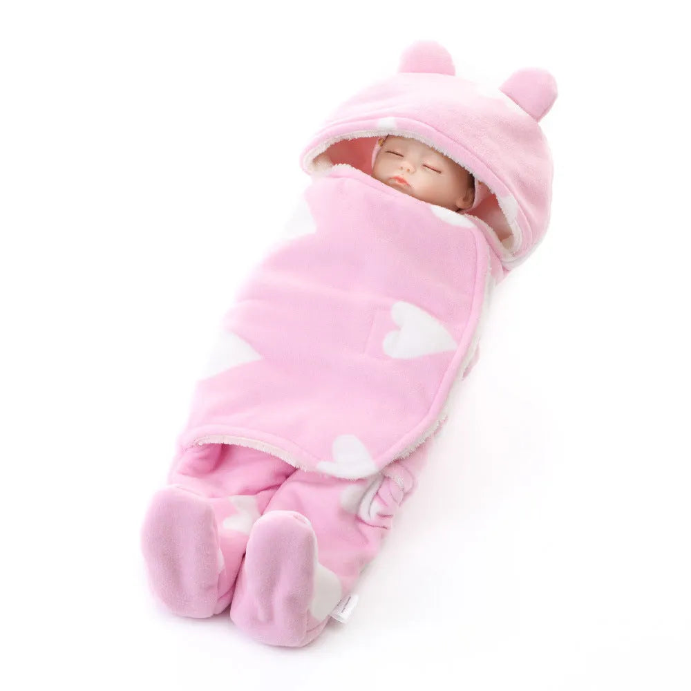 Newborn fleece blanket sleeping bag with cartoon pattern in pink colour, size 65x75cm for cot