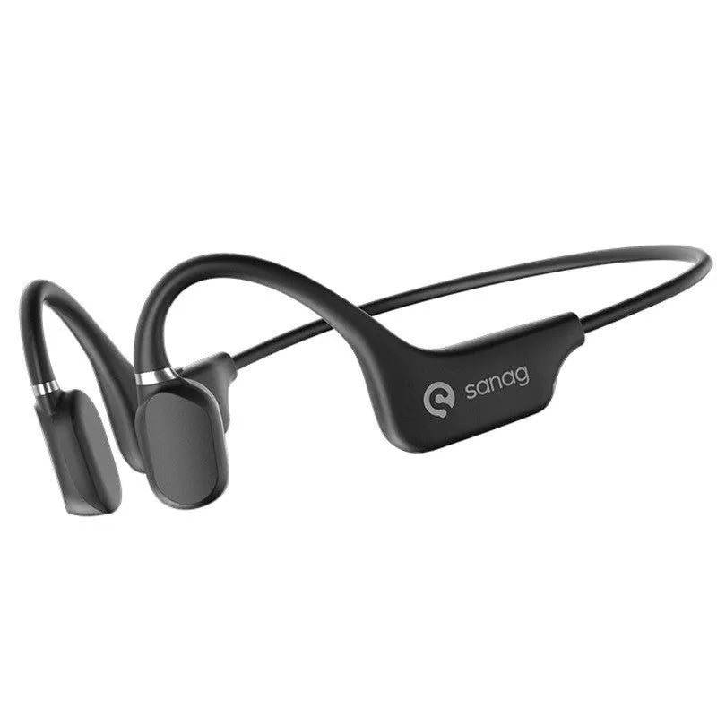 Bone conduction Bluetooth sports headset hanging around a neck, shown in multiple colour options.