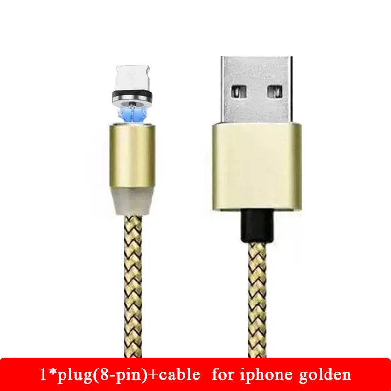 1 metre magnetic LED charging cable with cotton woven cord and three-in-one connector in aluminium shell