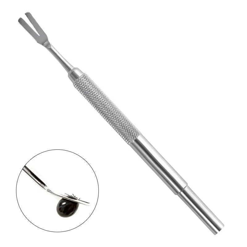 Stainless steel tick removal tweezers with pointed tips for pet tick extraction