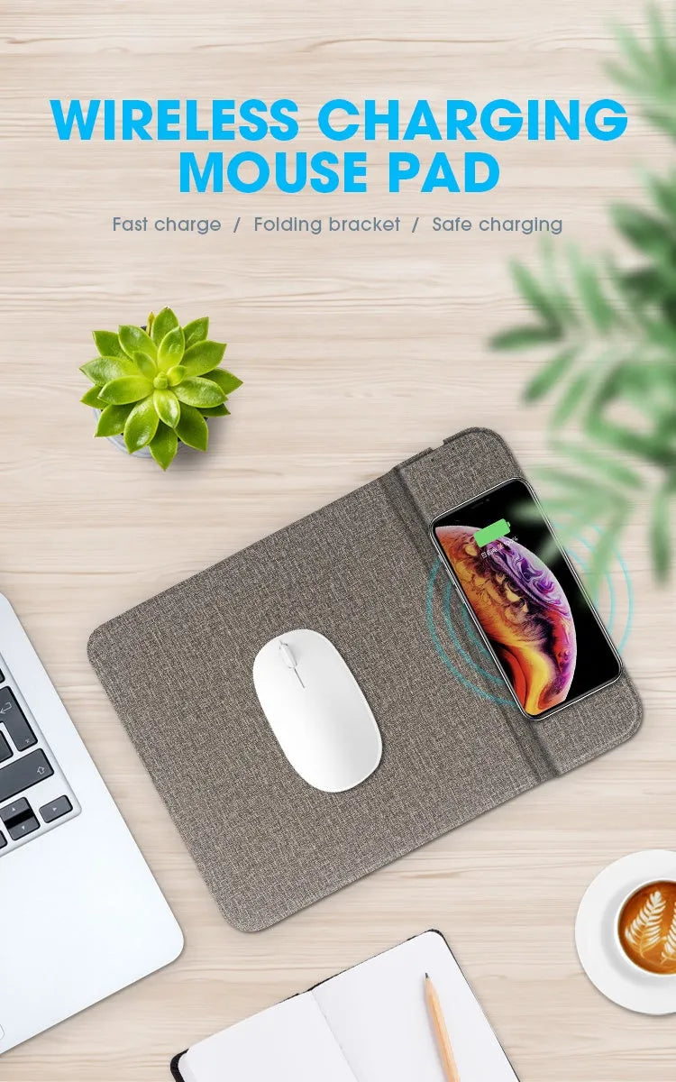Foldable cloth phone holder with built-in 10W wireless charger on a desk