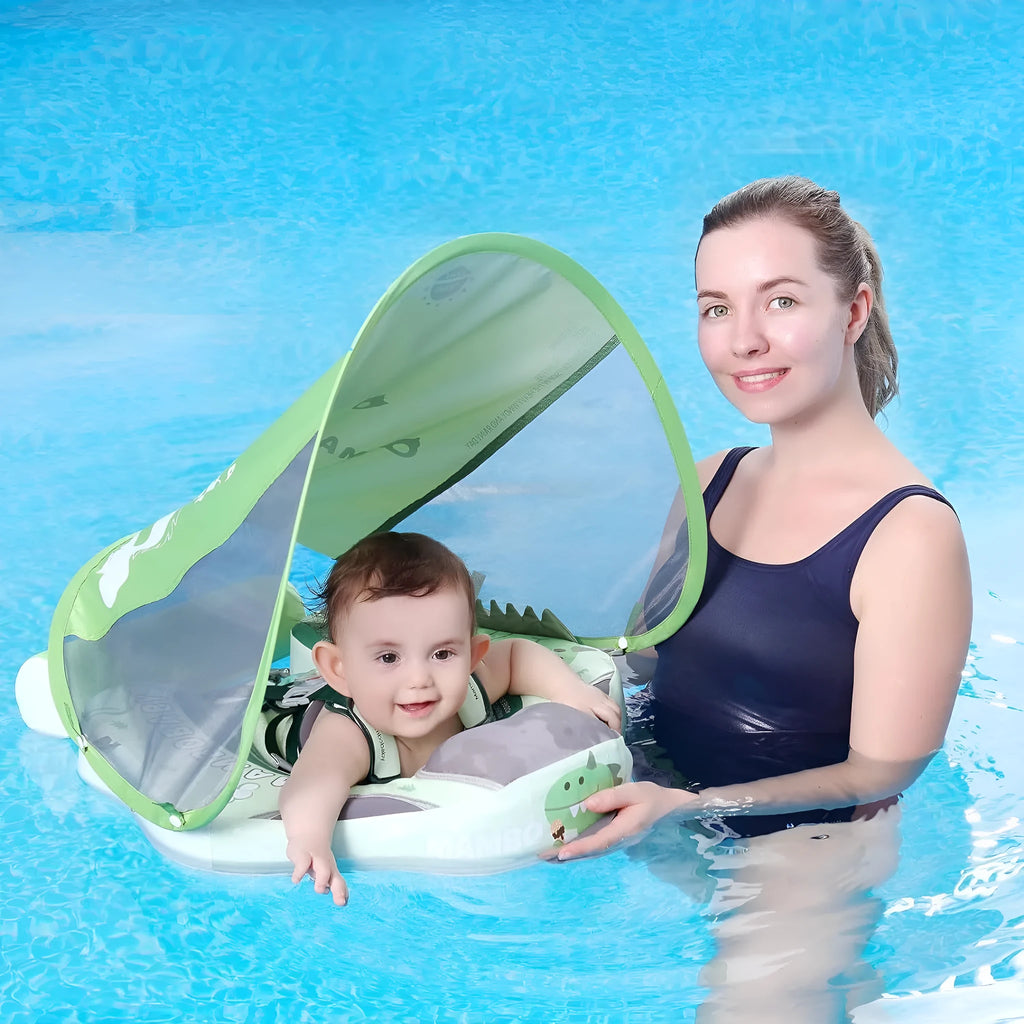 Avocado green dinosaur baby swimming ring with sun shade inflatable float