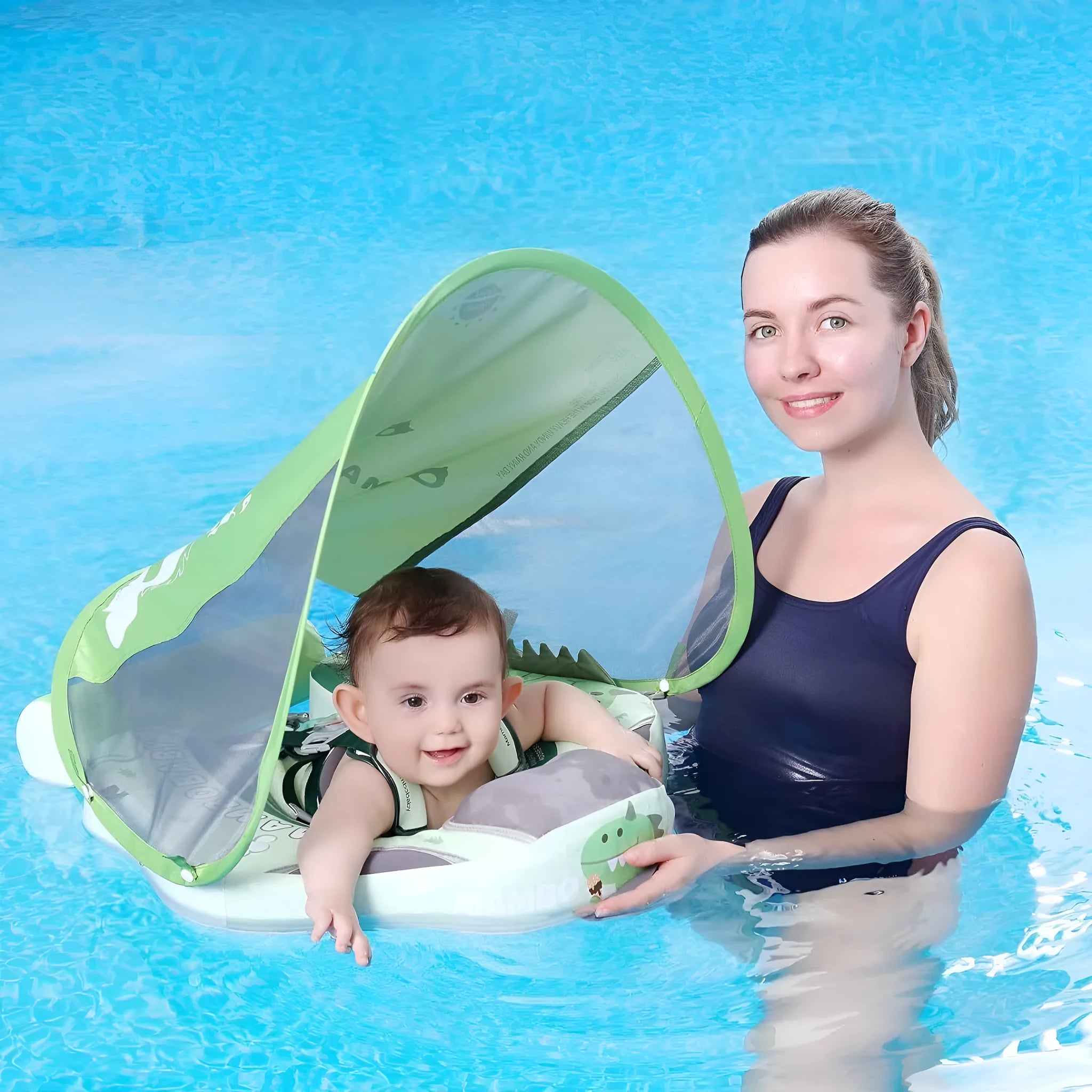 Avocado green dinosaur baby swimming ring with sun shade inflatable float