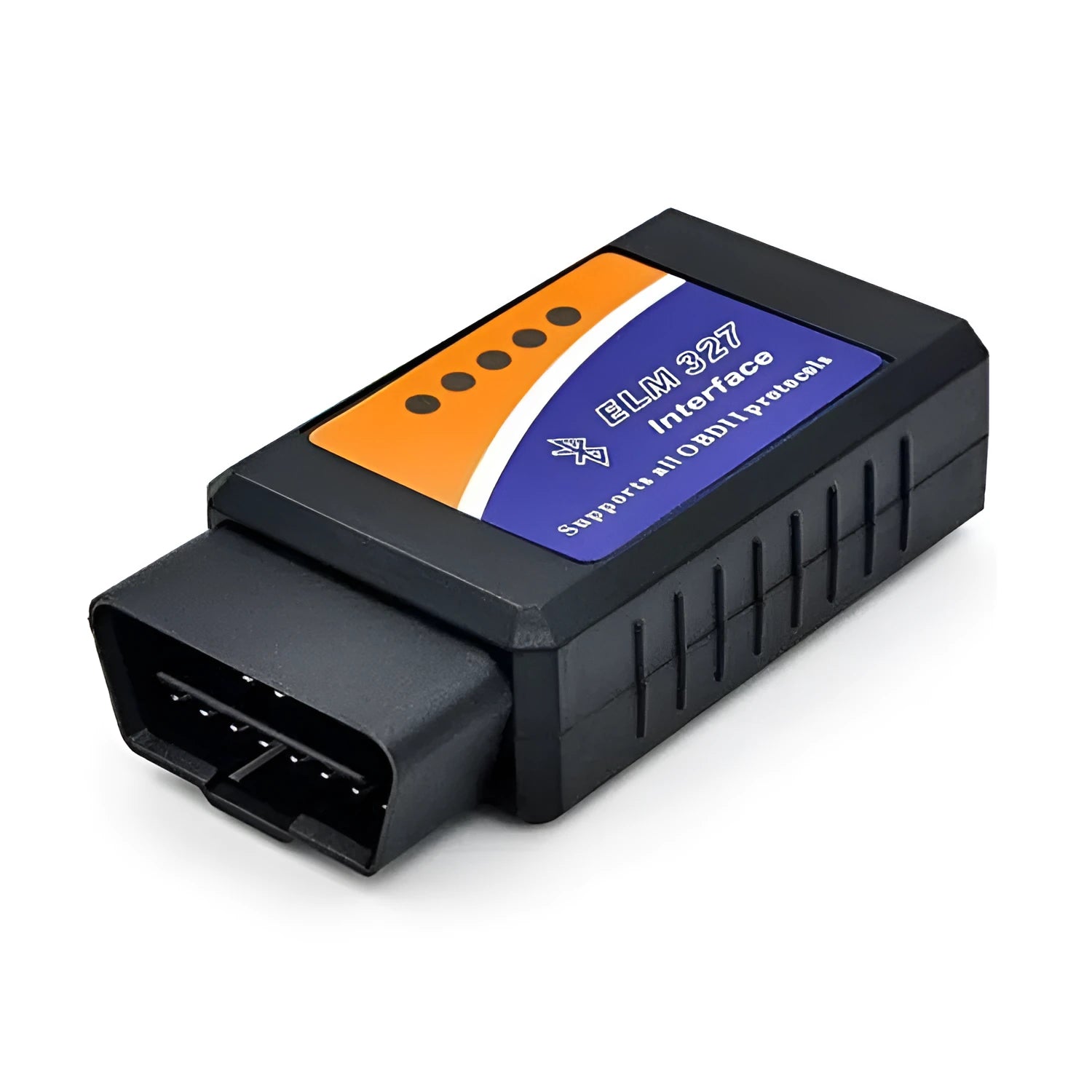 Compact black ELM327 Bluetooth OBD2 diagnostic scanner for car fault codes and live data.