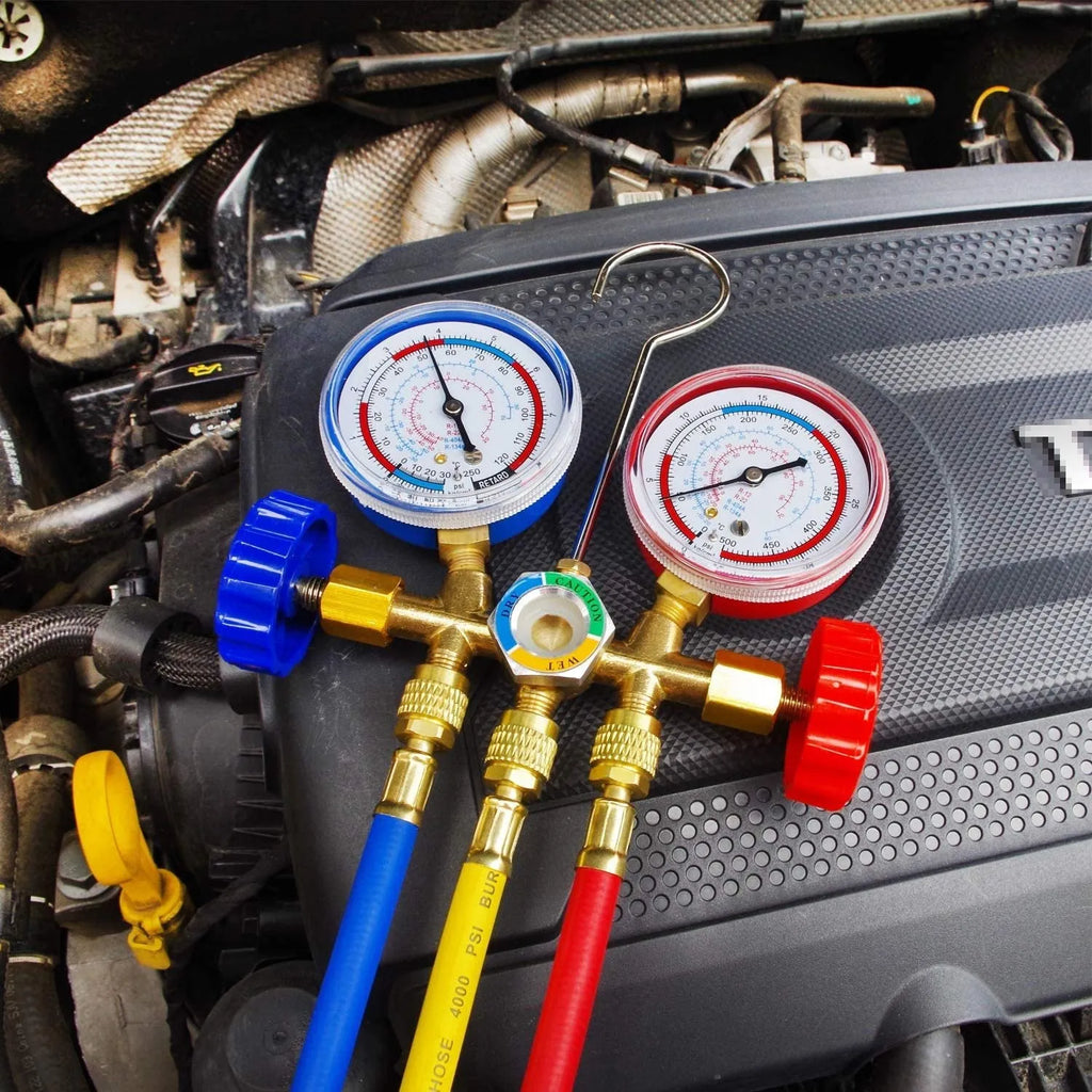 Refrigerant instrument cluster with brass manifold, hook, and red blue yellow 80cm hoses for A/C servicing