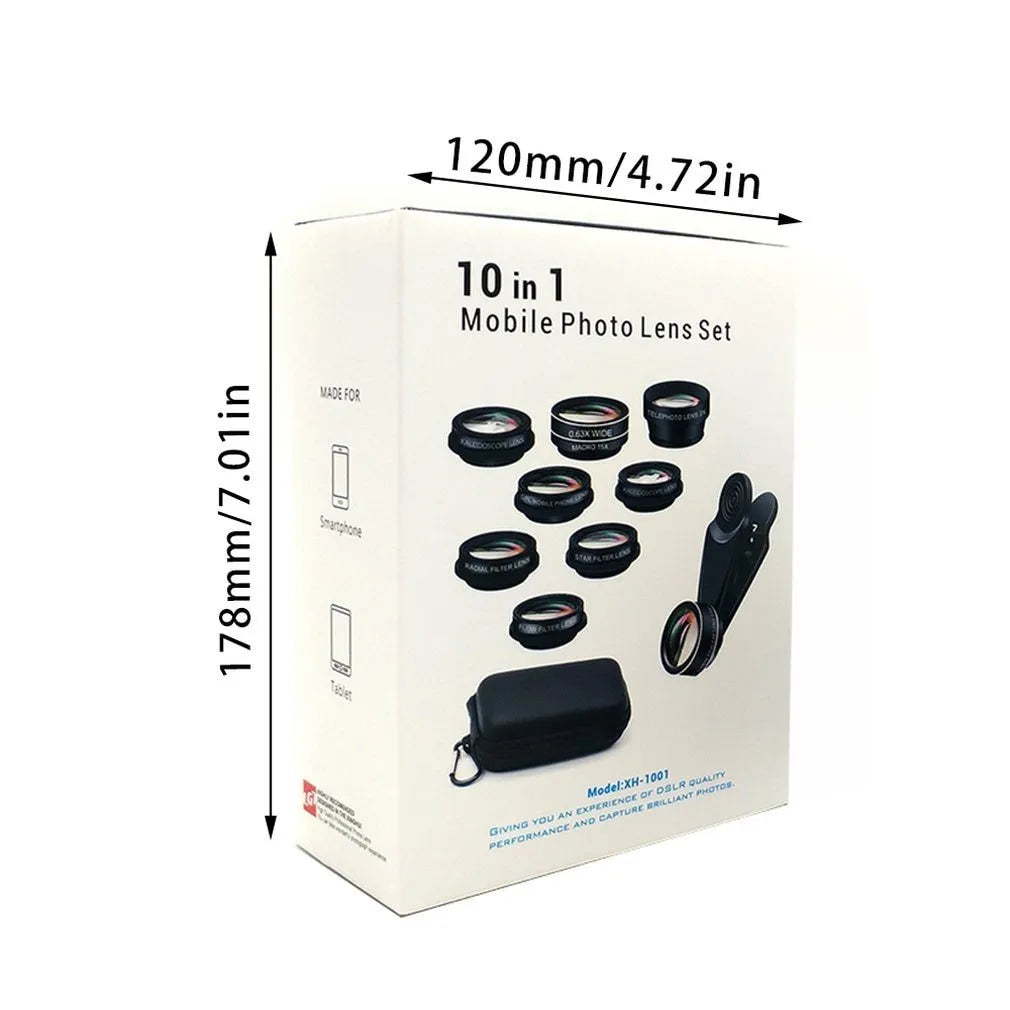 Black 10-in-1 mobile phone camera lens kit with fisheye and external attachments in aluminium-magnesium alloy