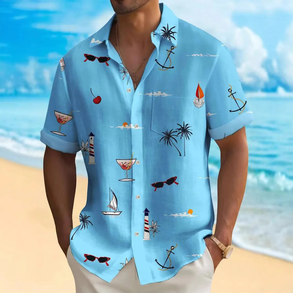 Man wearing a brightly coloured, digitally printed Hawaiian shirt with a loose fit and short sleeves.