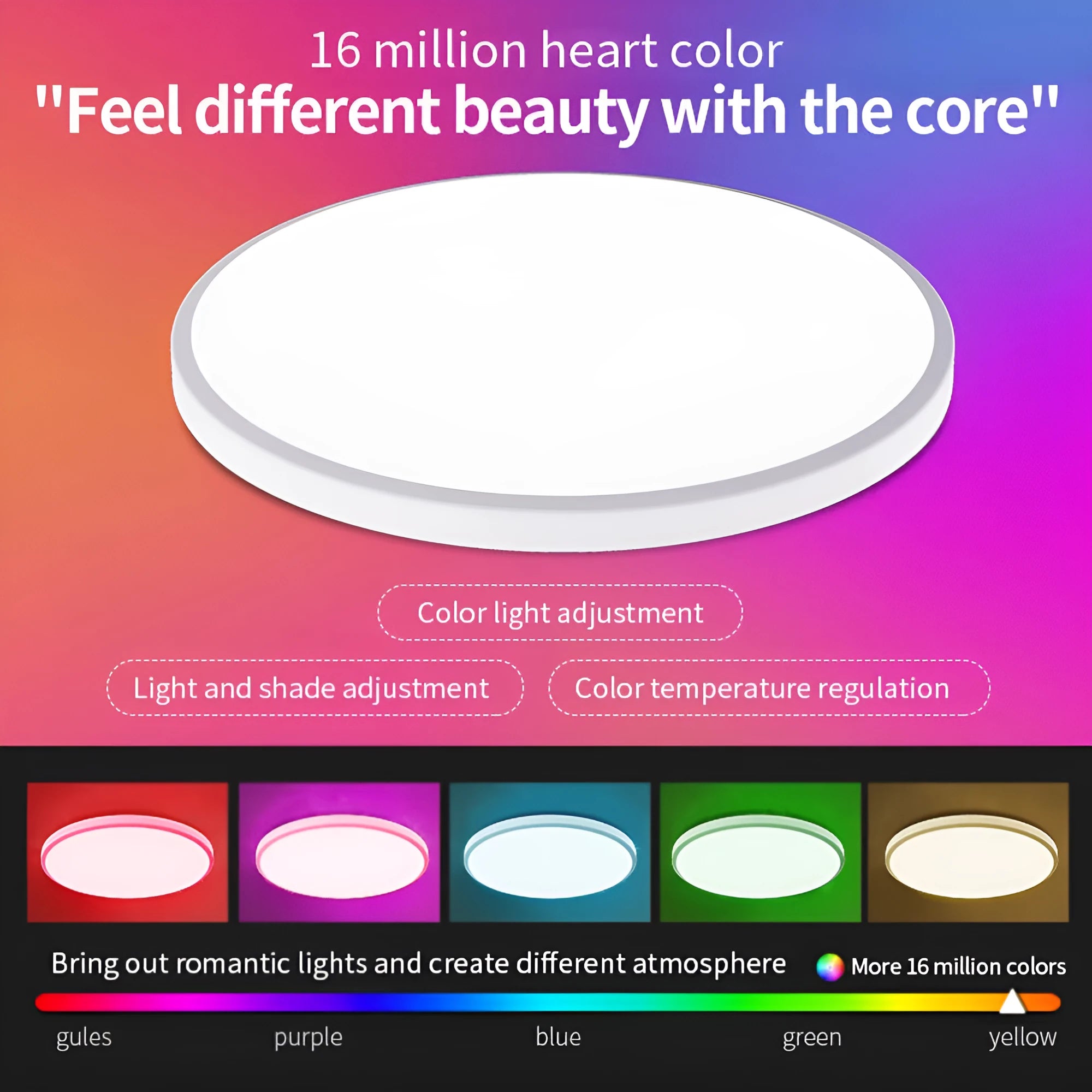 Black or white intelligent Bluetooth ceiling lamp with RGBCW colour dimming controls and 300mm diameter
