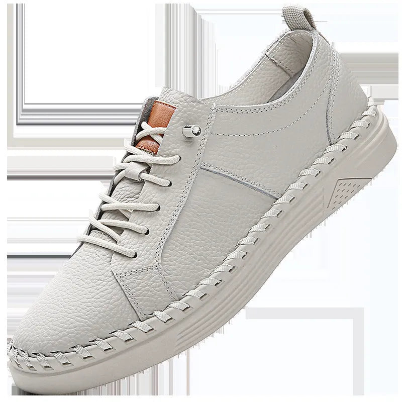 Men's beige and black cowhide leather sneakers with round toe and mesh lining