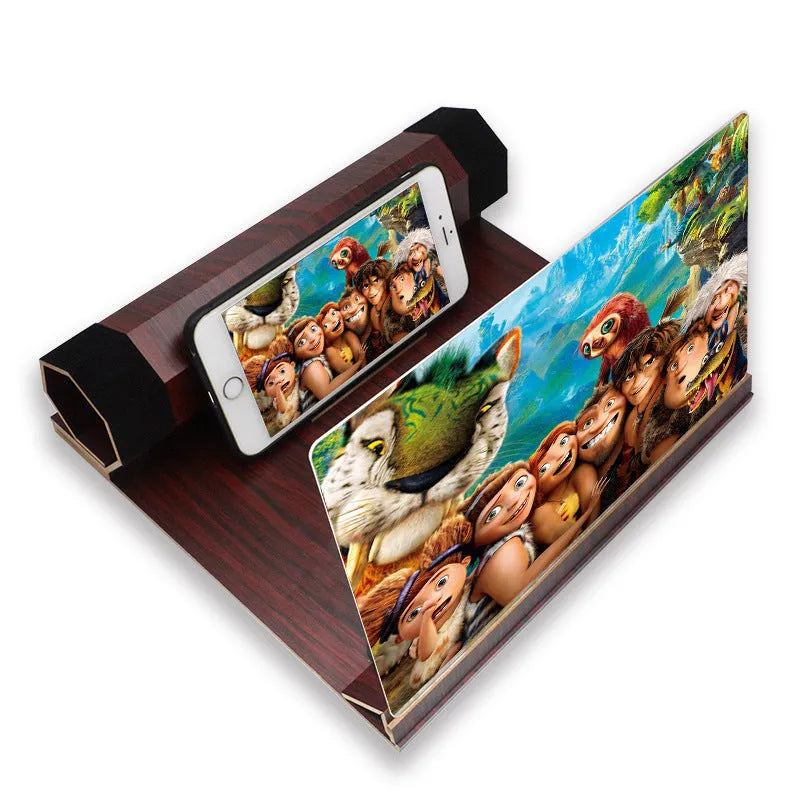 Wood grain phone amplifier stand on a table holding a mobile phone.