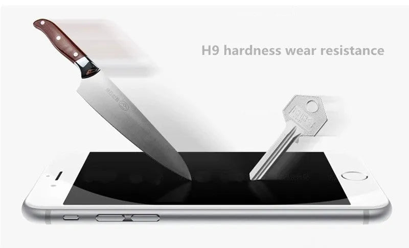 Tempered glass screen protector with 9H hardness for iPhone and Samsung phones.