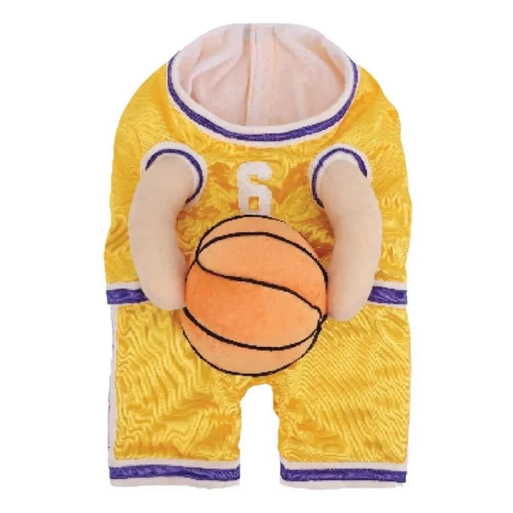 Red dog basketball costume with attached ball prop on small breed dog