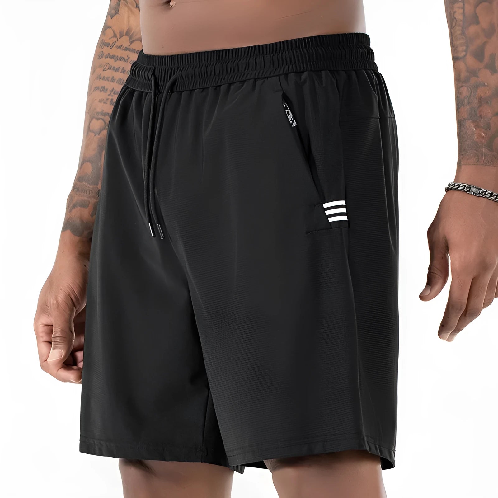 Men's black ice silk quick-drying sports shorts with high waist and cropped length on a plain background.