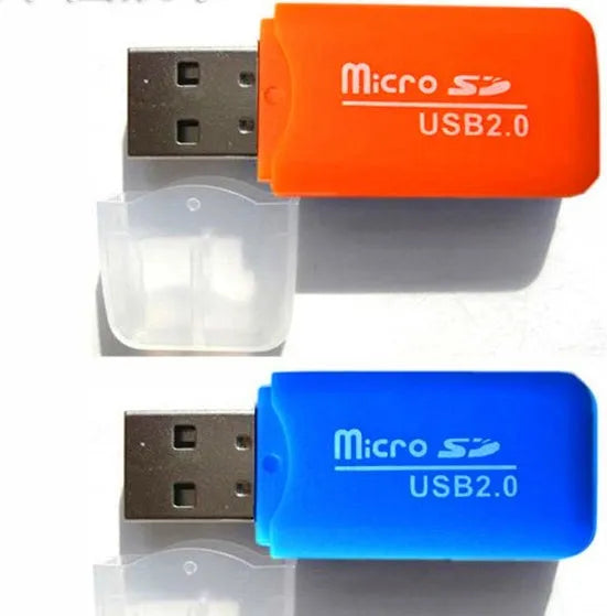 Mini USB TF and SD memory card reader adapter on a white background.