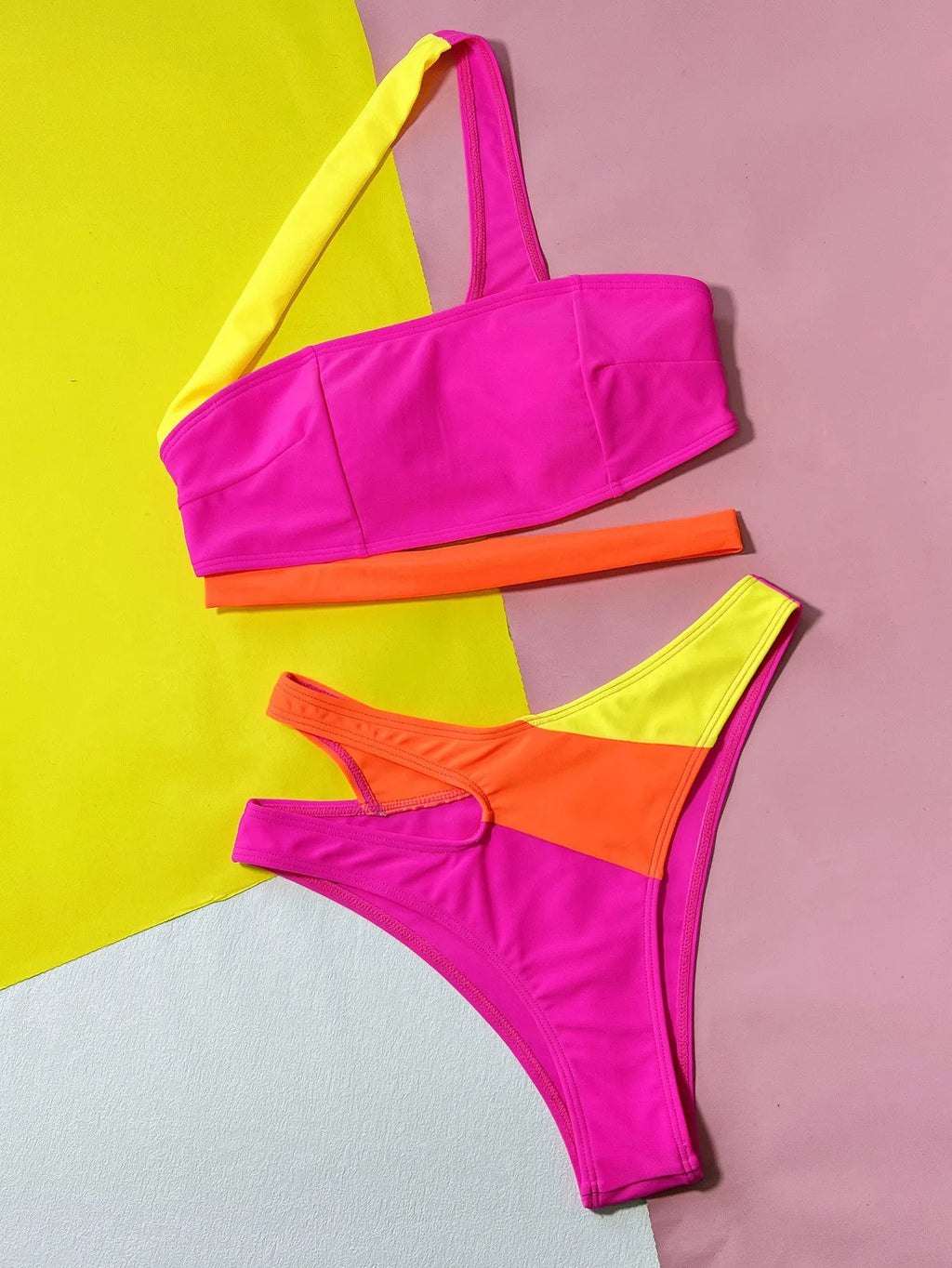 Rose red hollow contrast colour split brief bikini swimsuit with bra and panties set