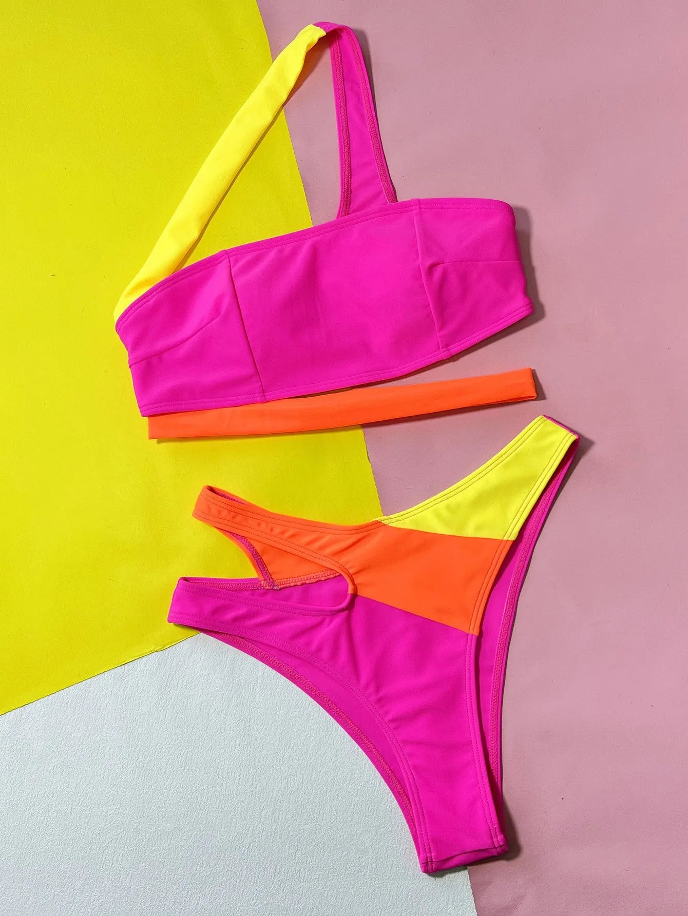 Rose red hollow contrast colour split brief bikini swimsuit with bra and panties set
