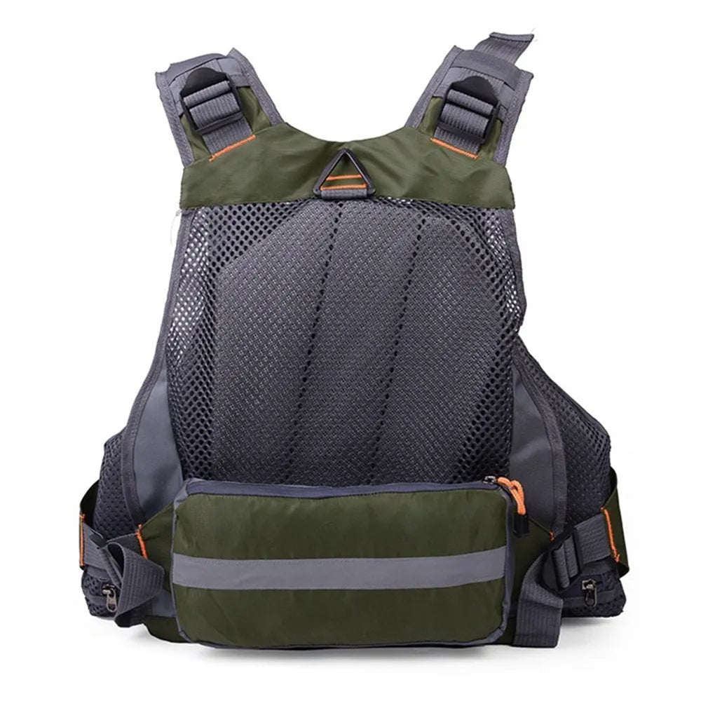 Blue men's fishing life vest with 11 pockets, detachable flotation, and adjustable straps on a white background