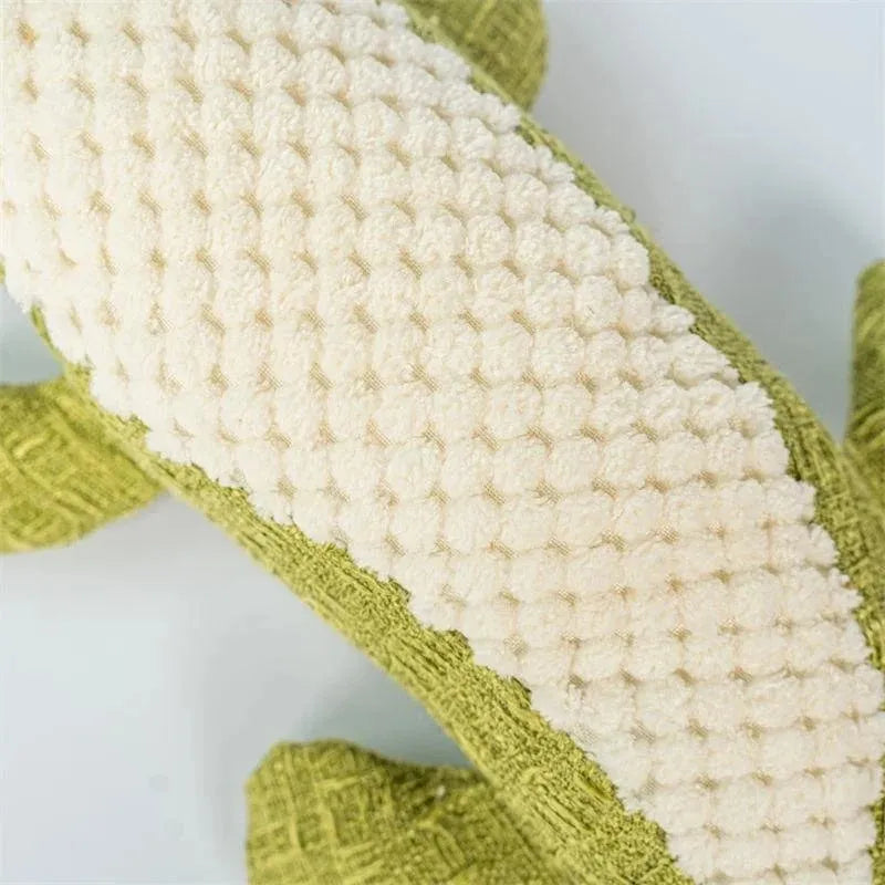 Corn cob plush pet toy in blue, green and red colours with biting sound mechanism