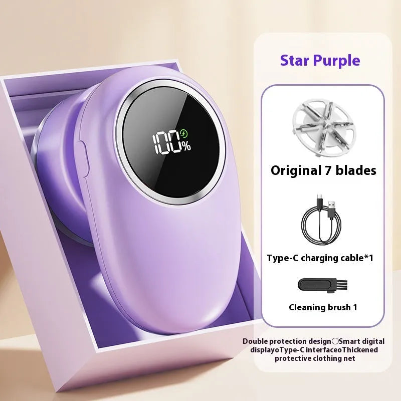 Purple and beige digital fur ball trimmer with LCD screen and multiple blade heads on a white background