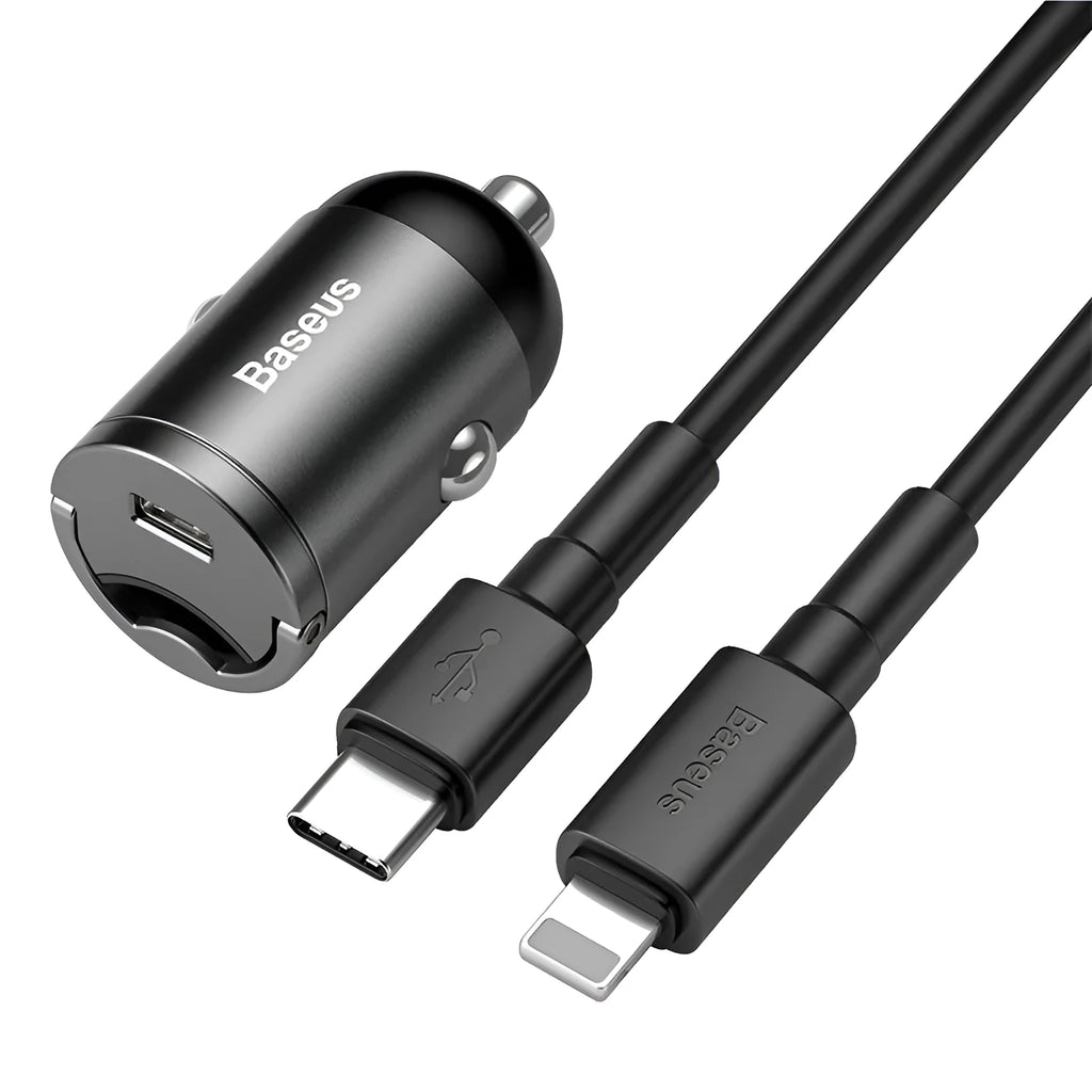 Grey Baseus mini car charger with single USB port and attached 1 metre cable.