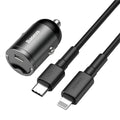 Grey Baseus mini car charger with single USB port and attached 1 metre cable.